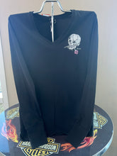 Load image into Gallery viewer, WOMENS SKULL ROSE L/S V NECK BLACK TEE