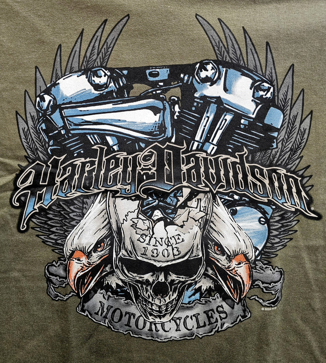 Men's Skull Eagle Down Short Sleeve Military Green Shirt
